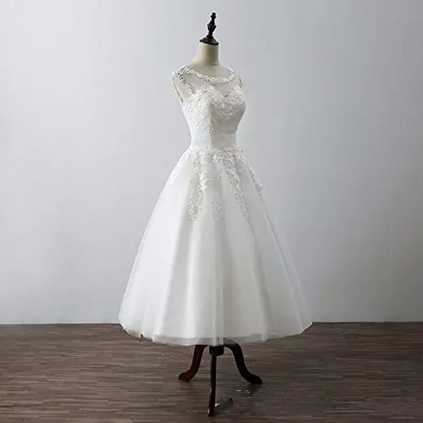 2018 real p tea length short wedding dress sheer neck with lace applique short wedding party dress bridal gowns qc1076, White
2018 real p tea length short wedding dress sheer neck with lace applique short wedding party dress bridal gowns qc1076, White