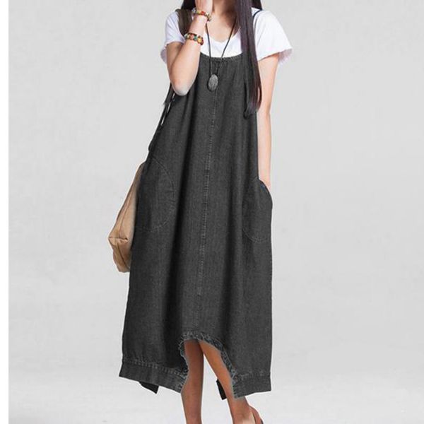womens casual spaghetti straps denim bib overalls asymmetrical suspender skirt, Black;gray