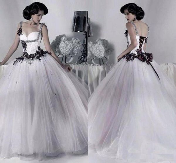 Vintage White and Black Tulle Wedding Dresses Beaded Spaghetti Strap Gothic Bridal Gowns Corset Halloween 2018 Vestidos Long
Vintage White and Black Tulle Wedding Dresses Beaded Spaghetti Strap Gothic Bridal Gowns Corset Halloween 2018 Vestidos Long