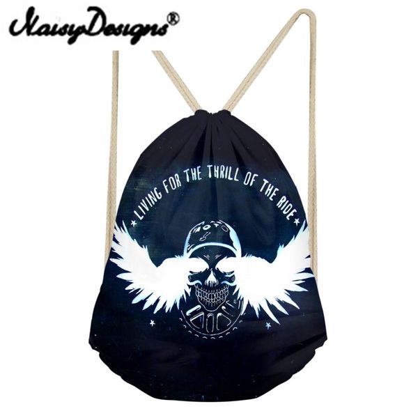 noisydesigns wings series cool punk skull printing men's drawstring backpack tote string for teenagers harajuku bags new