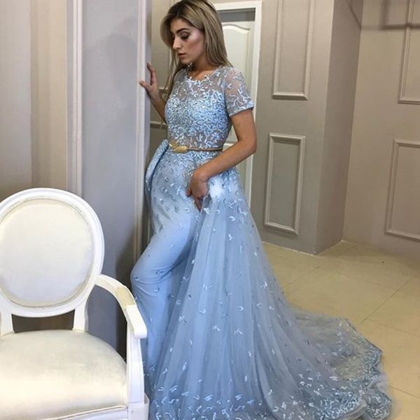 glamorous mermaid prom dress with overskirt jewel neck short sleeve beads lace applique golden sash party gown light-blue evening dress, Black
glamorous mermaid prom dress with overskirt jewel neck short sleeve beads lace applique golden sash party gown light-blue evening dress, Black