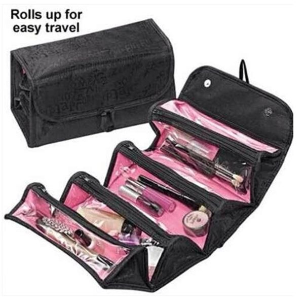 

roll-n-go cosmetic bag rolls up for easy travel makeup items storage bag with 4 separated grid