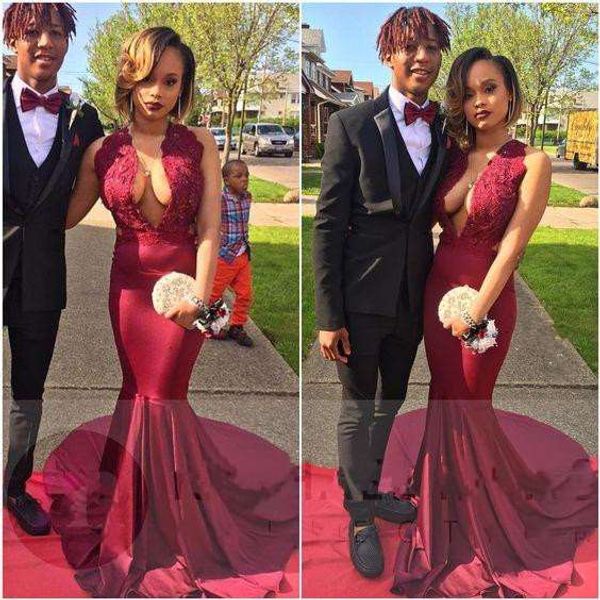African 2K18 Sexy Satin Burgundy Deep V neck Mermaid Prom Dresses Sleeveless Lace Applique Top Stretch Long Train Girl Evening Dresses, Black
African 2K18 Sexy Satin Burgundy Deep V neck Mermaid Prom Dresses Sleeveless Lace Applique Top Stretch Long Train Girl Evening Dresses, Black