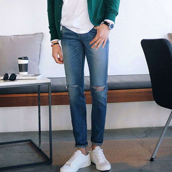 mens skinny pencil pants cotton jeans full length pants mid waist casual hole washed vintage denim straight jeans for teenage, Blue
mens skinny pencil pants cotton jeans full length pants mid waist casual hole washed vintage denim straight jeans for teenage, Blue
