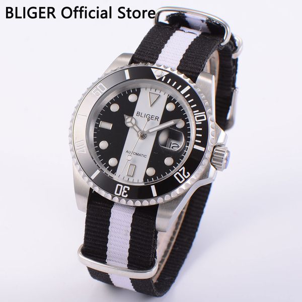 

luxury 40mm bliger sapphire glass date window black white dial black ceramic bezel luminous automatic movement men's watch d4, Slivery;brown