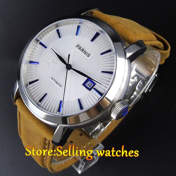 42mm white dial sapphire glass date window miyota automatic mens watch, Slivery;brown
42mm white dial sapphire glass date window miyota automatic mens watch, Slivery;brown