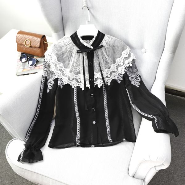 woman bowknot chiffon blouses ruffles shirts ribbons striped lace tie mandarin collar speaker sleeves stitching slim button, White
woman bowknot chiffon blouses ruffles shirts ribbons striped lace tie mandarin collar speaker sleeves stitching slim button, White