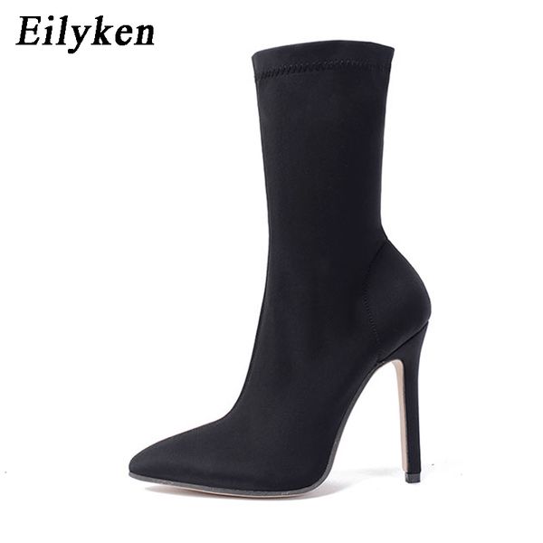 

eilyken 2018 stretch fabric mid-calf women boots pointed toe fashion stiletto high heels winter boots size 35-40, Black