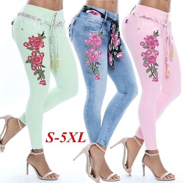 2018 fashion embroidery flower elastic skinny jeans women long pencil pants trousers, Blue