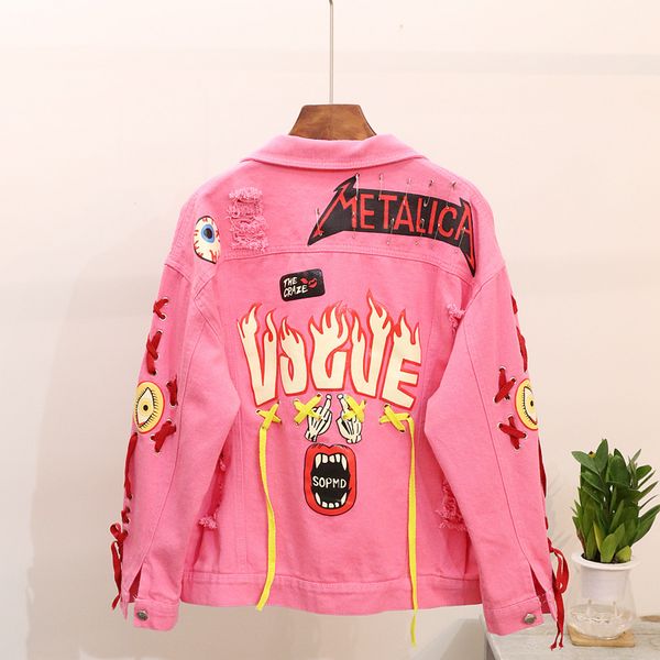 2018 heavy industry graffiti printing pin-pierced denim jacket lady's punk style pink / yellow denim jacket holes jeans coats, Black;brown
2018 heavy industry graffiti printing pin-pierced denim jacket lady's punk style pink / yellow denim jacket holes jeans coats, Black;brown