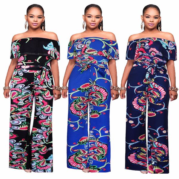2018 women dresses fashion digital printing off shoulder length waist belt broad legged trousers and jumpsuits for african women, Red