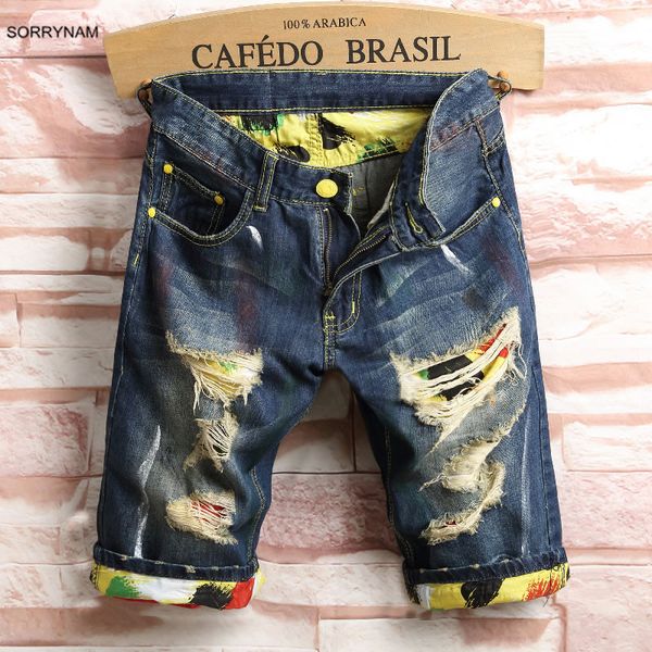 

sorrynam direct selling promotion mid street summer personality printed worn pants boys denim essential tide male jeans 2017, Blue