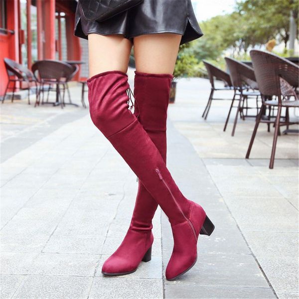 

2018 new flock leather women boots over the knee suede thin high heels woman shoes warm size 36-39 party lady winter boot, Black