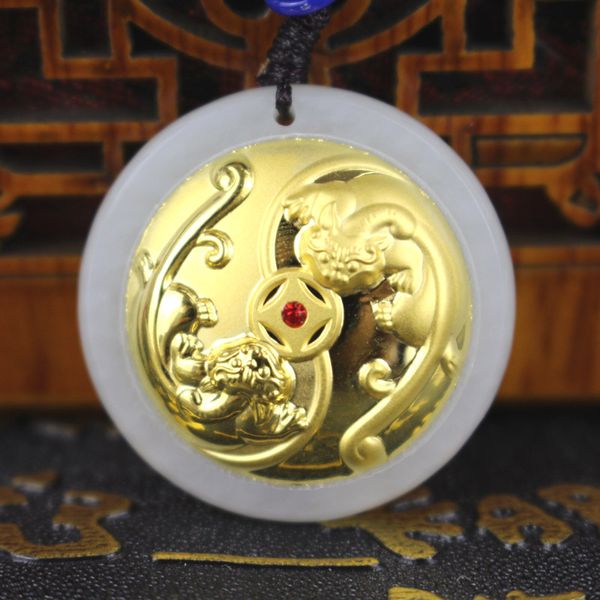 

natural white hetian jade necklace pendant 24k gold double brave troops men women fine lucky bless pendants male female jewelry, Silver