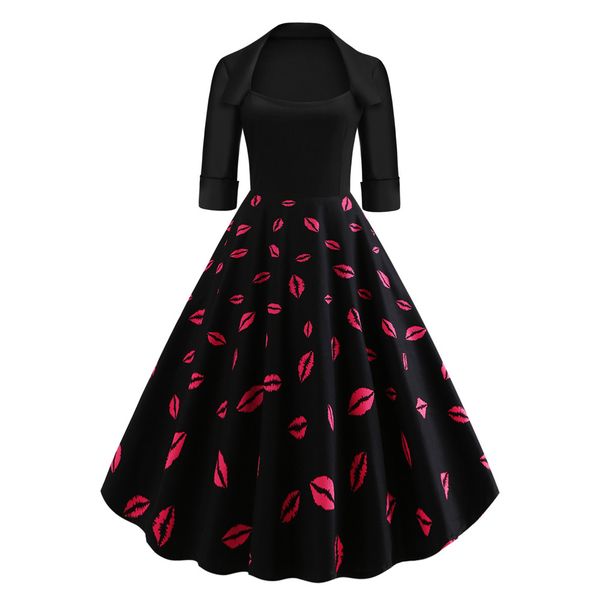 chamsgend women square neck sleeve dress retro red lip print stitching draped large party dress winter vintage oc19, White;black
chamsgend women square neck sleeve dress retro red lip print stitching draped large party dress winter vintage oc19, White;black