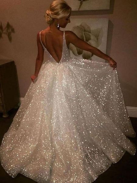 sparkly backless ivory prom dress spaghetti straps tulle sequins short train aline bling formal evening dress, Black
sparkly backless ivory prom dress spaghetti straps tulle sequins short train aline bling formal evening dress, Black