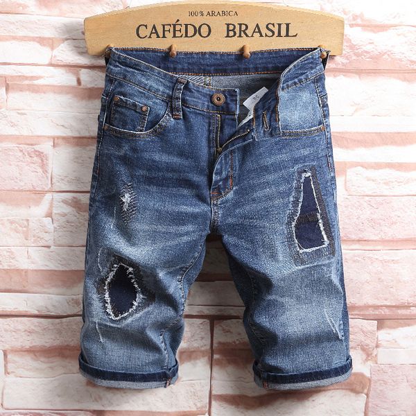 new summer men's denim shorts men's slim straight patch hole casual jeans shorts cuffs blue knee length stretch
new summer men's denim shorts men's slim straight patch hole casual jeans shorts cuffs blue knee length stretch