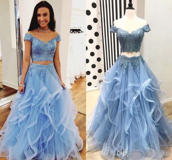 elegant two pieces prom dresses off the shoulder appliques lace tulle tiered fluffy light sky blue party dress evening wear, Black
elegant two pieces prom dresses off the shoulder appliques lace tulle tiered fluffy light sky blue party dress evening wear, Black