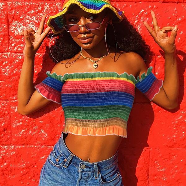 2018 summer fashion streetwear rainbow pleated tank bodycon stretchy off shoulder crop short sleeve tee shirt, White
2018 summer fashion streetwear rainbow pleated tank bodycon stretchy off shoulder crop short sleeve tee shirt, White