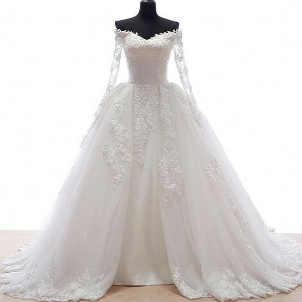 gorgeous v neck off the shoulder wedding dress illusion long sleeves romantic lace appliques tulle bridal gowns with sweep train, White
gorgeous v neck off the shoulder wedding dress illusion long sleeves romantic lace appliques tulle bridal gowns with sweep train, White