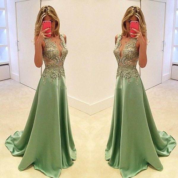 2019 Charming Deep V neck Prom Dresses Evening Wear Long Party Dresses Sage Custom Made Formal Guest Dresses