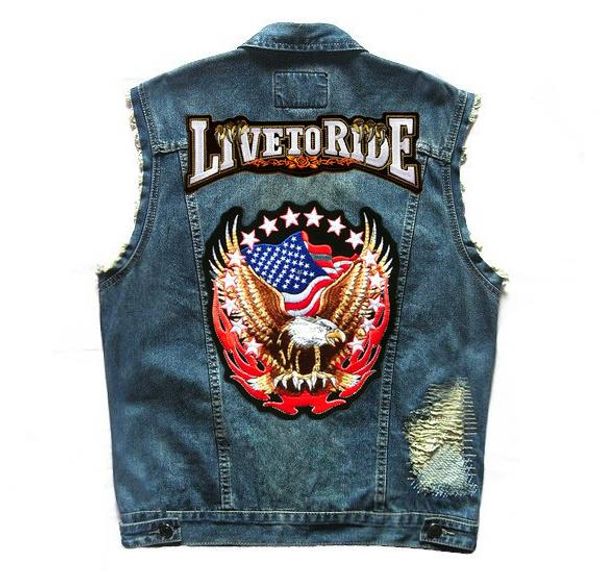 

motorcycle club patch american flag eagle badges rivet embroidery men's denim vest punk distressed ripped moto biker vests, Black;white