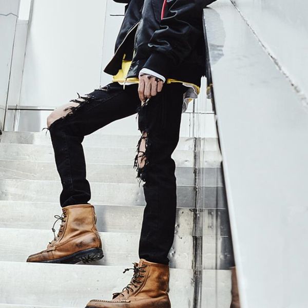 men black ripped jeans destroyed distressed skinny denim pants mens hip hop punk rock jeans streetwear night club dj clothes, Blue
men black ripped jeans destroyed distressed skinny denim pants mens hip hop punk rock jeans streetwear night club dj clothes, Blue