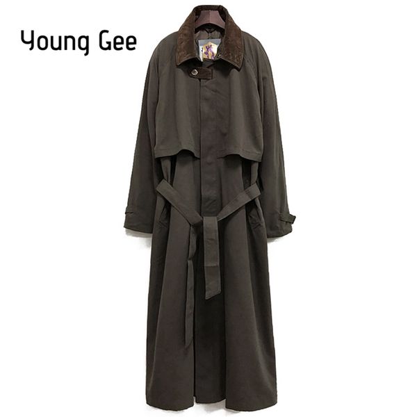 

young gee new autumn winter women's casual trench coat oversize covered button vintage hooded outwear loose windbreaker, Tan;black