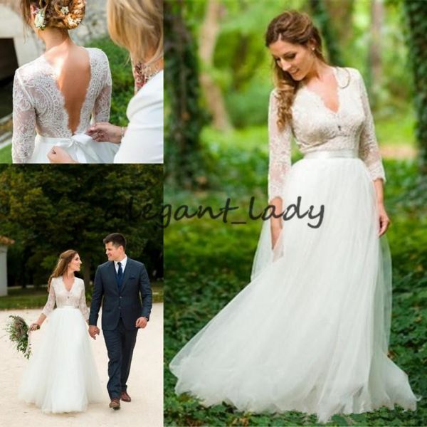2018 a line country wedding dresses v neck 3/4 long sleeve floor length bridal gowns lace tulle backless boho wedding dress, White
2018 a line country wedding dresses v neck 3/4 long sleeve floor length bridal gowns lace tulle backless boho wedding dress, White