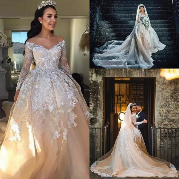 2018 luxury champagne crystal beaded wedding dresses off shoulders long sleeves ball gown bridal wedding gowns illusion back button covered, White
2018 luxury champagne crystal beaded wedding dresses off shoulders long sleeves ball gown bridal wedding gowns illusion back button covered, White