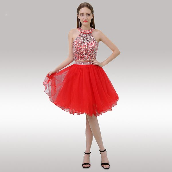 red ball gown halter beaded crystal two piece short prom dress graduation for party girls gown, Blue;red
red ball gown halter beaded crystal two piece short prom dress graduation for party girls gown, Blue;red