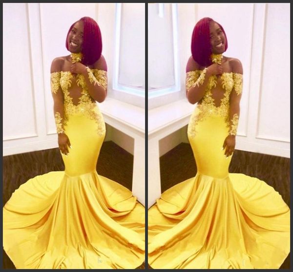 2019 new yellow mermaid black girls prom dresses custom made sheer long sleeves appliques satin evening gowns off shoulders
2019 new yellow mermaid black girls prom dresses custom made sheer long sleeves appliques satin evening gowns off shoulders