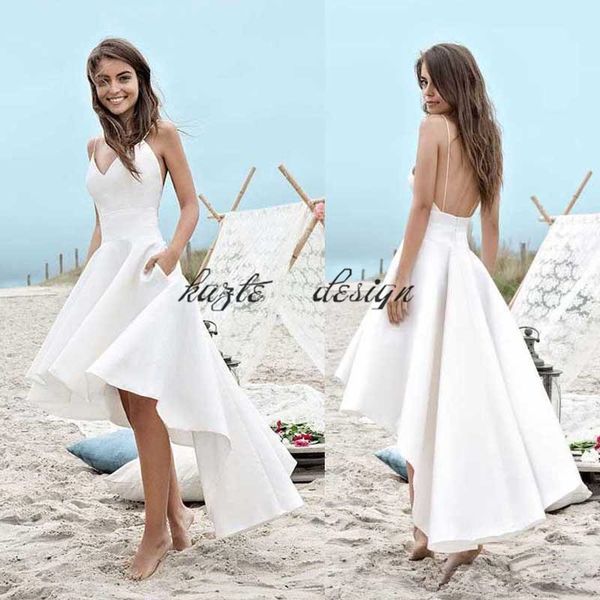 high low short beach wedding dresses 2018 a line vestido de noiva merry straps pocket satin simple summer bridal gowns, White
high low short beach wedding dresses 2018 a line vestido de noiva merry straps pocket satin simple summer bridal gowns, White