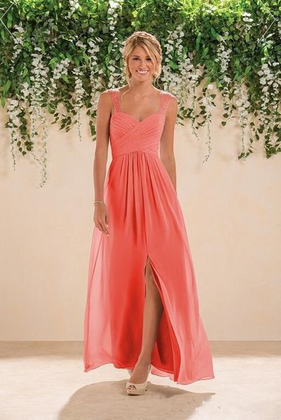 

silver chiffon coral country a line long bridesmaids dresses spaghetti straps backless crystals beaded prom gowns custom made hy29310c, White;pink