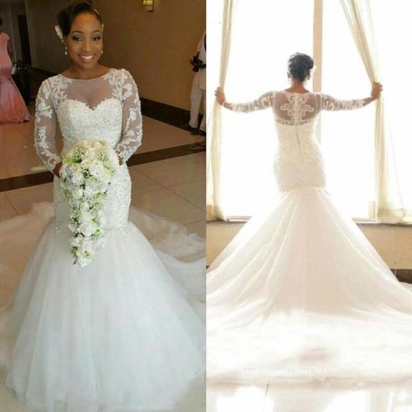 gorgeous mermaid wedding dresses lace appliques sheer neck long sleeves bridal gowns sweep train south african women wedding dress, White
gorgeous mermaid wedding dresses lace appliques sheer neck long sleeves bridal gowns sweep train south african women wedding dress, White