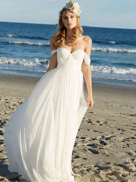 chic beach wedding dresses off the shoulder with sleeves chiffon pleated court train open back bridal gowns for women plus size, White
chic beach wedding dresses off the shoulder with sleeves chiffon pleated court train open back bridal gowns for women plus size, White