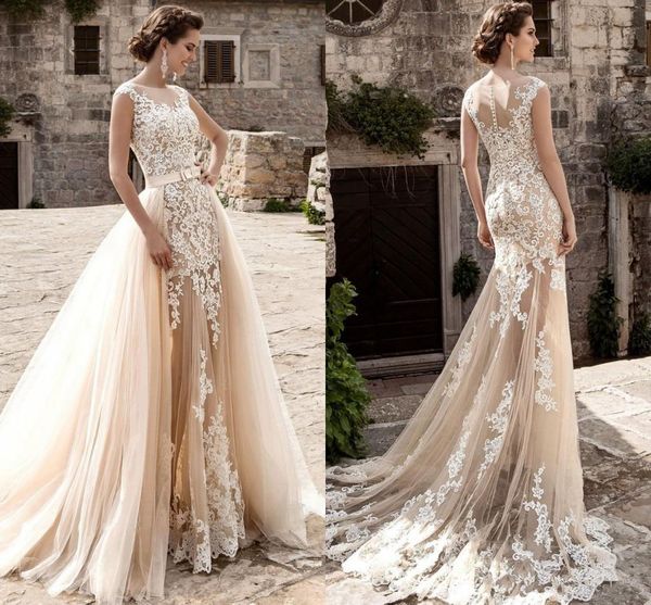 2017 champagne over skirts tulle wedding dresses a-line see through vintage lace appliqued sash detachable train boho bridal wedding gowns, White
2017 champagne over skirts tulle wedding dresses a-line see through vintage lace appliqued sash detachable train boho bridal wedding gowns, White