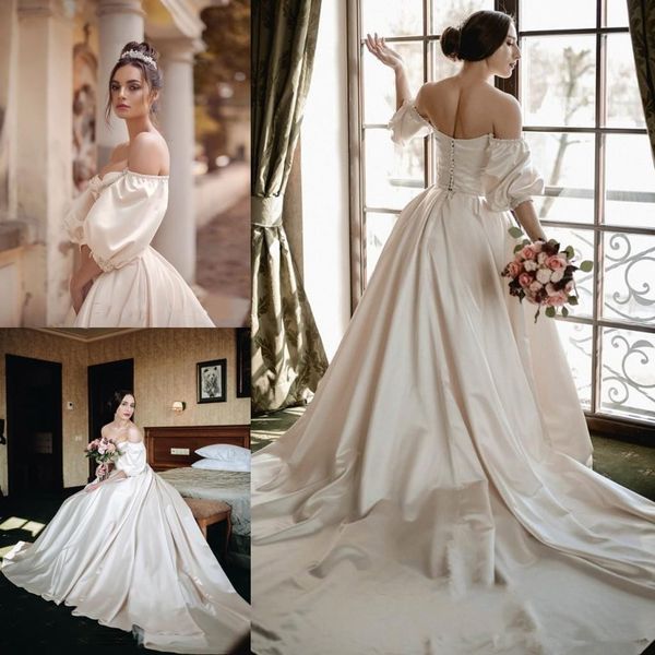 vintage satin wedding dresses wedding party gowns off-shoulder 3/4 big long sleeves cathedral train victoria corset bridal wedding gowns, White
vintage satin wedding dresses wedding party gowns off-shoulder 3/4 big long sleeves cathedral train victoria corset bridal wedding gowns, White