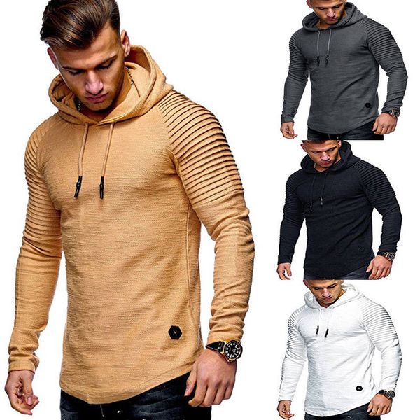 

ragan sleeve hooded men t shirt pleated sleeve t-shirt men longline curved hem hip hop slim tshirt streetwear, White;black