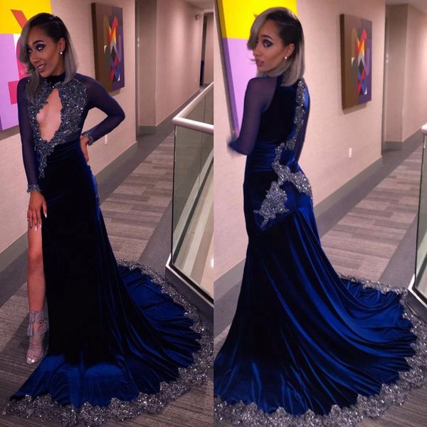 high neck key hole long sleeves royal blue prom dresses velvet evening gown with front hole vestido longo festa, Black;red
high neck key hole long sleeves royal blue prom dresses velvet evening gown with front hole vestido longo festa, Black;red