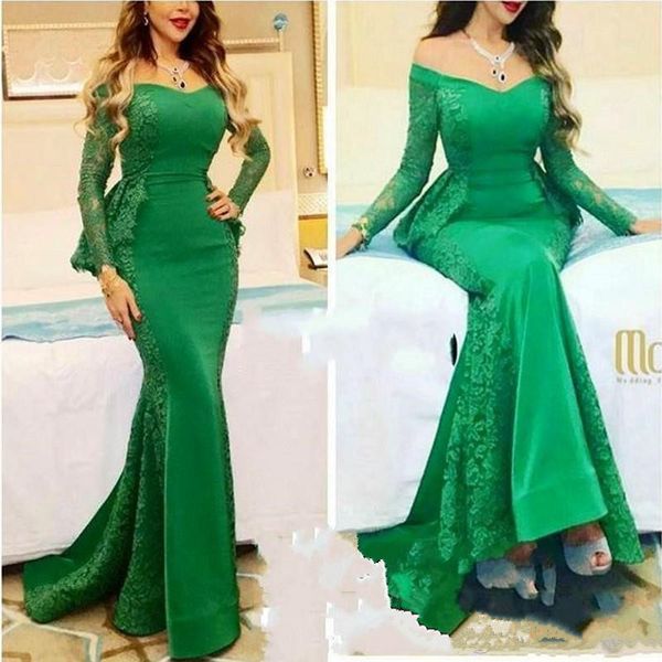 New Green Satin Long Sleeves Mermaid Evening Dresses Off Shoulder Lace Appliques Long Party Gowns Celebrity Red Carpet Dresses Custom Made, Black;red 
New Green Satin Long Sleeves Mermaid Evening Dresses Off Shoulder Lace Appliques Long Party Gowns Celebrity Red Carpet Dresses Custom Made, Black;red
