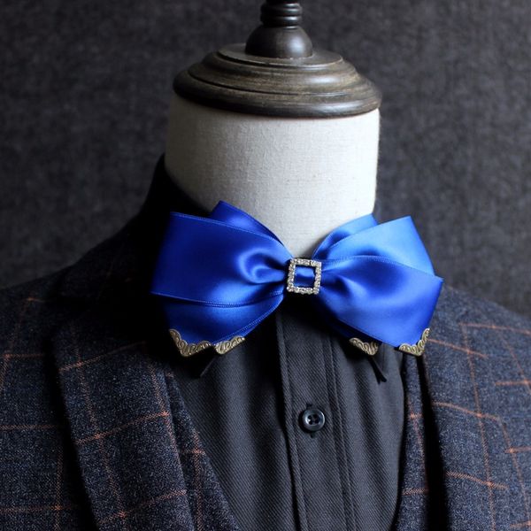 british men wedding banquet party shirt bow ties cravat handmade double layer ribbon rhinestone butterfly god metal head bowtie, Black;blue