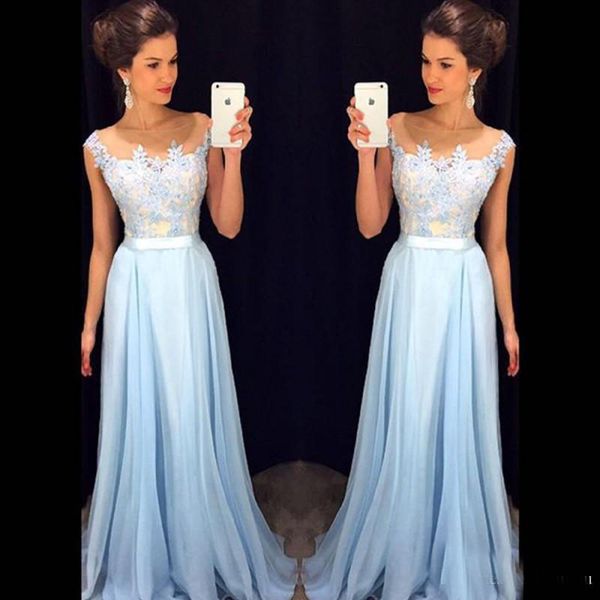 sheer neck cap sleves applique chiffon prom dresses light sky blue floor length custom bridesmaid party, White;pink
sheer neck cap sleves applique chiffon prom dresses light sky blue floor length custom bridesmaid party, White;pink