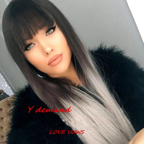 synthetic wigs long ombre grey pink hair wig for women with bang 2018 bob straight wig y demand new ing, Black 
synthetic wigs long ombre grey pink hair wig for women with bang 2018 bob straight wig y demand new ing, Black