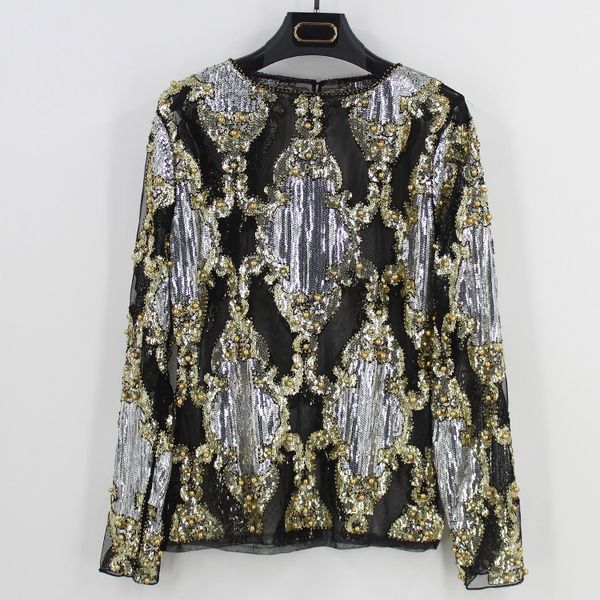 2018 summer runway luxury women sheer mesh shirt long sleeve sequin bead diamond embellished embroidery blouse mujer, White
2018 summer runway luxury women sheer mesh shirt long sleeve sequin bead diamond embellished embroidery blouse mujer, White