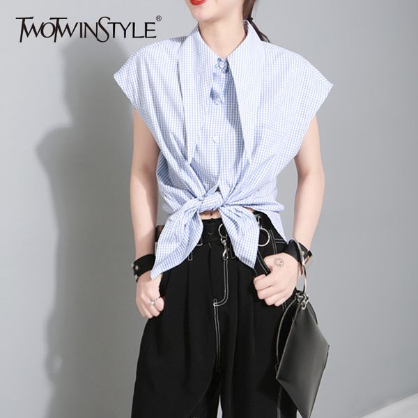 twotwinstyle plaid shirt for women sleeveless lace up tunic high waist shirts 2018 spring summer fashion large size clothing, White
twotwinstyle plaid shirt for women sleeveless lace up tunic high waist shirts 2018 spring summer fashion large size clothing, White