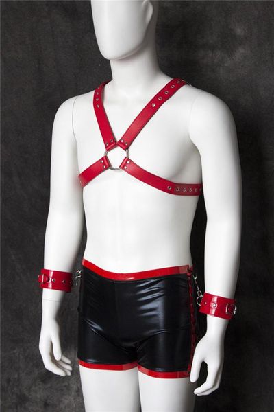 male uniform leather chest harness with wet look boxer underwear and attached wrist restraints gay fetish costume sexy, Black
male uniform leather chest harness with wet look boxer underwear and attached wrist restraints gay fetish costume sexy, Black
