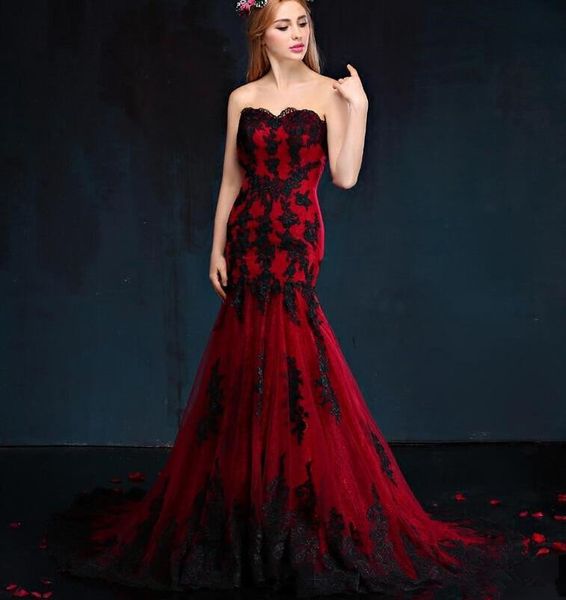black and red gothic mermaid wedding dresses vestido de novia 2019 new custom made applique tulle sweetheart lace country bridal gowns w865, White
black and red gothic mermaid wedding dresses vestido de novia 2019 new custom made applique tulle sweetheart lace country bridal gowns w865, White