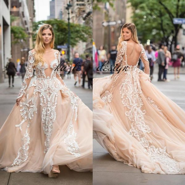 2018 champagne backless wedding dresses lace appliqued a line sheer deep v neck plus size bridal gowns long sleeves tulle vestido de novia, White
2018 champagne backless wedding dresses lace appliqued a line sheer deep v neck plus size bridal gowns long sleeves tulle vestido de novia, White