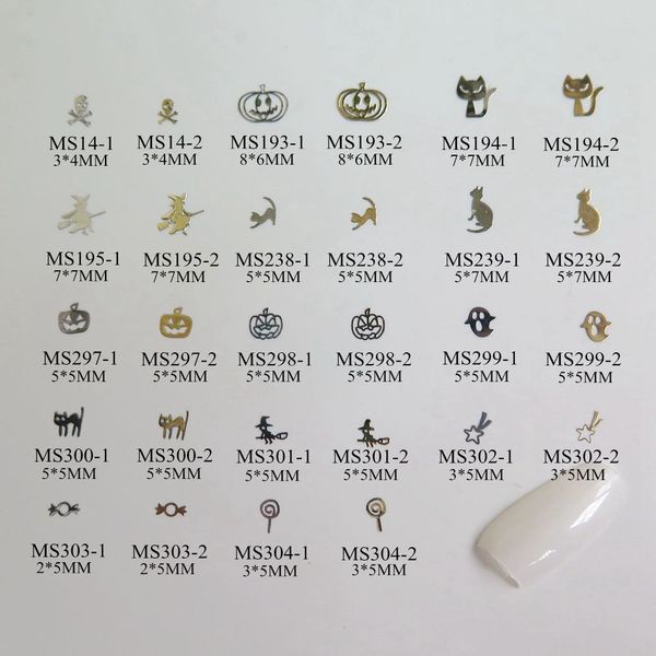 100pcs/bag Silver/gold Halloween Skull Pumpkin Cat Candy Witch Non-adhesive Soft Metal Sticker Nail Art Decoration